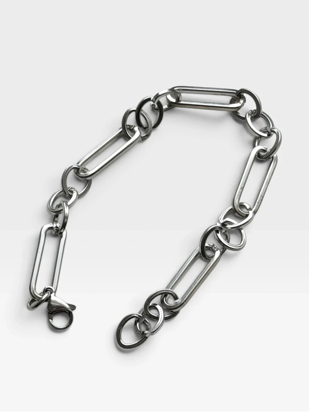 Men's Silver Paperclip & Round Link Chain Bracelet - Polished Steel